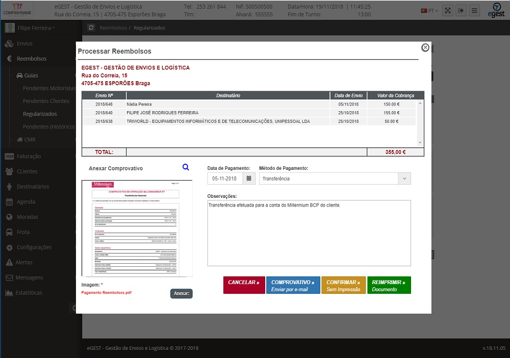 Faça a gestão de todos os reembolsos dos seus clientes, bem como a recepção desses mesmos reembolsos pelos motoristas e arquive os comprovativos digitalmente.