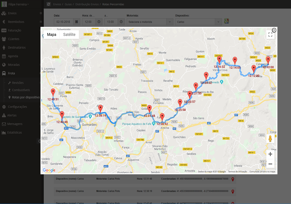 Verifique a rota percorrida por cada dispositivo (Hora/Local). 